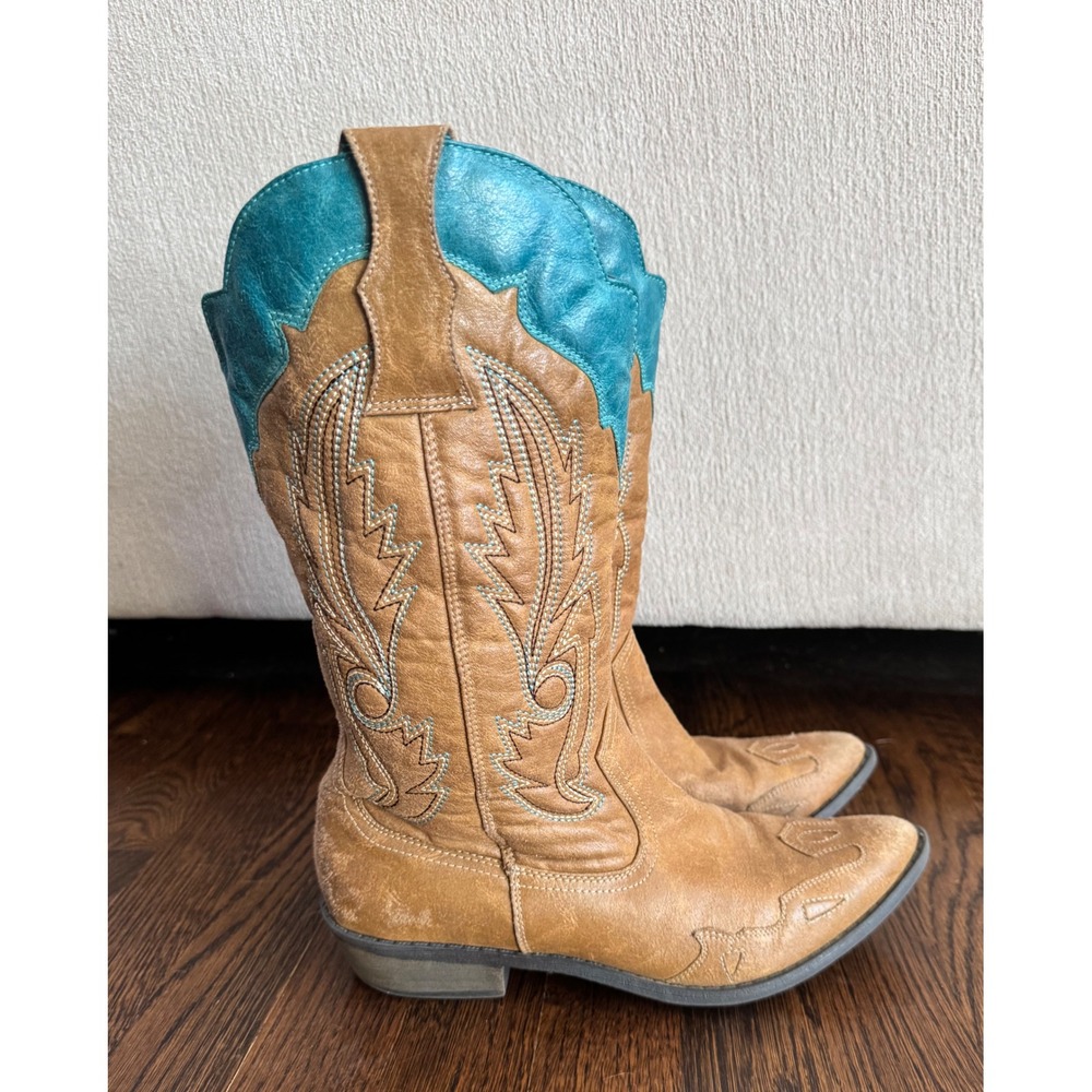Coconuts by Matisse Cimmaron Western Boots Tan Turquoise Blue Women‎ 8.5 M